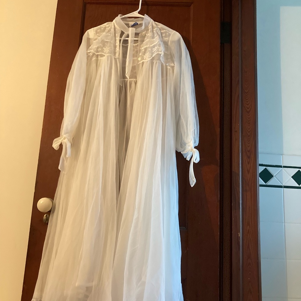 Elegant Robe and White Sheer Nightgown with Slippers